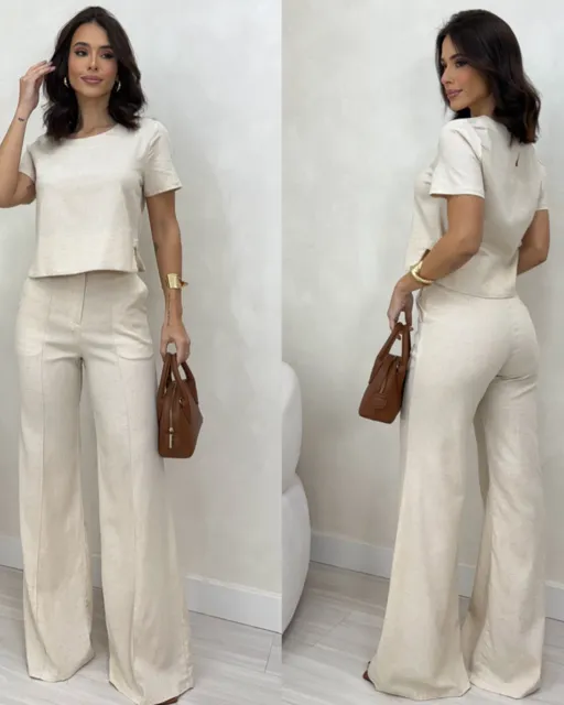 conjunto linho calça pantalona e blusa cru