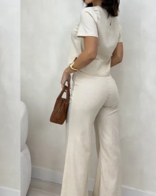 conjunto linho calça pantalona e blusa cru conjunto linho calça pantalona e blusa cru