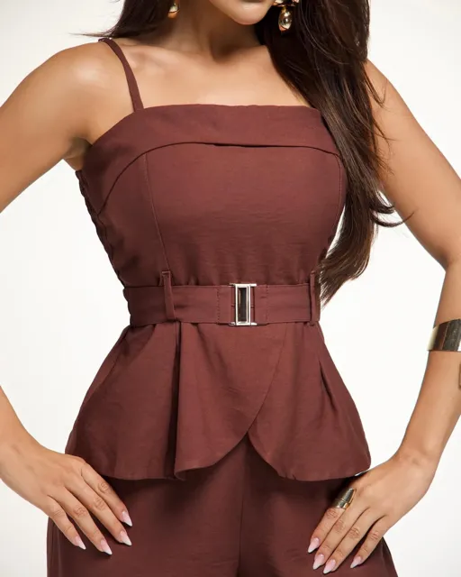 conjunto feminino pantalona e blusa alfaiataria marrante marrom
