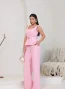 conjunto feminino de alfaiataria pantalona e blusa rosa
