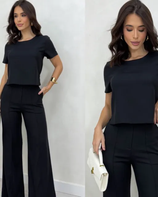 conjunto linho calça pantalona e blusa preto