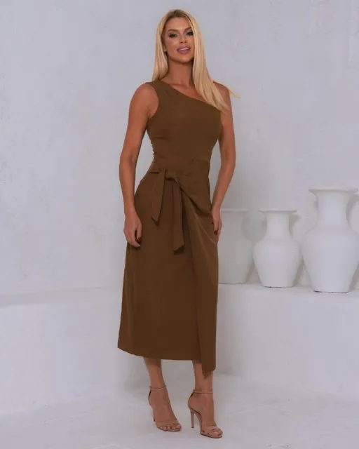 vestido feminino alfaiataria com amarração lateral marrom